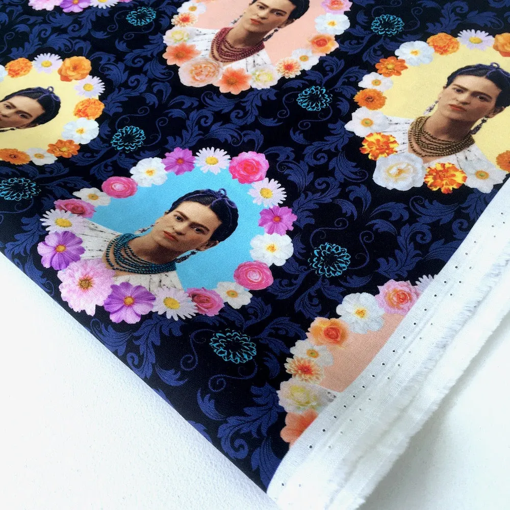 Robert Kaufman Licensed Frida Kahlo Flower Frames Midnight (Per Metre)