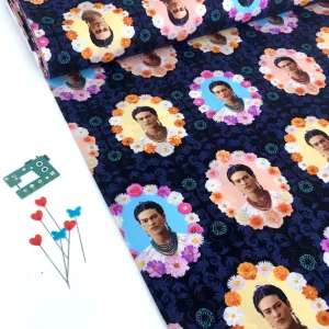Robert Kaufman Licensed Frida Kahlo Flower Frames Midnight (Per Metre)