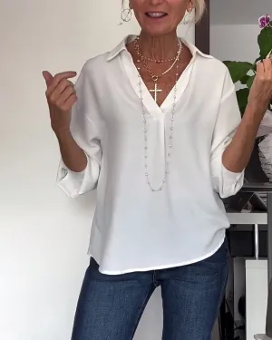 Simple solid color lapel long sleeve top