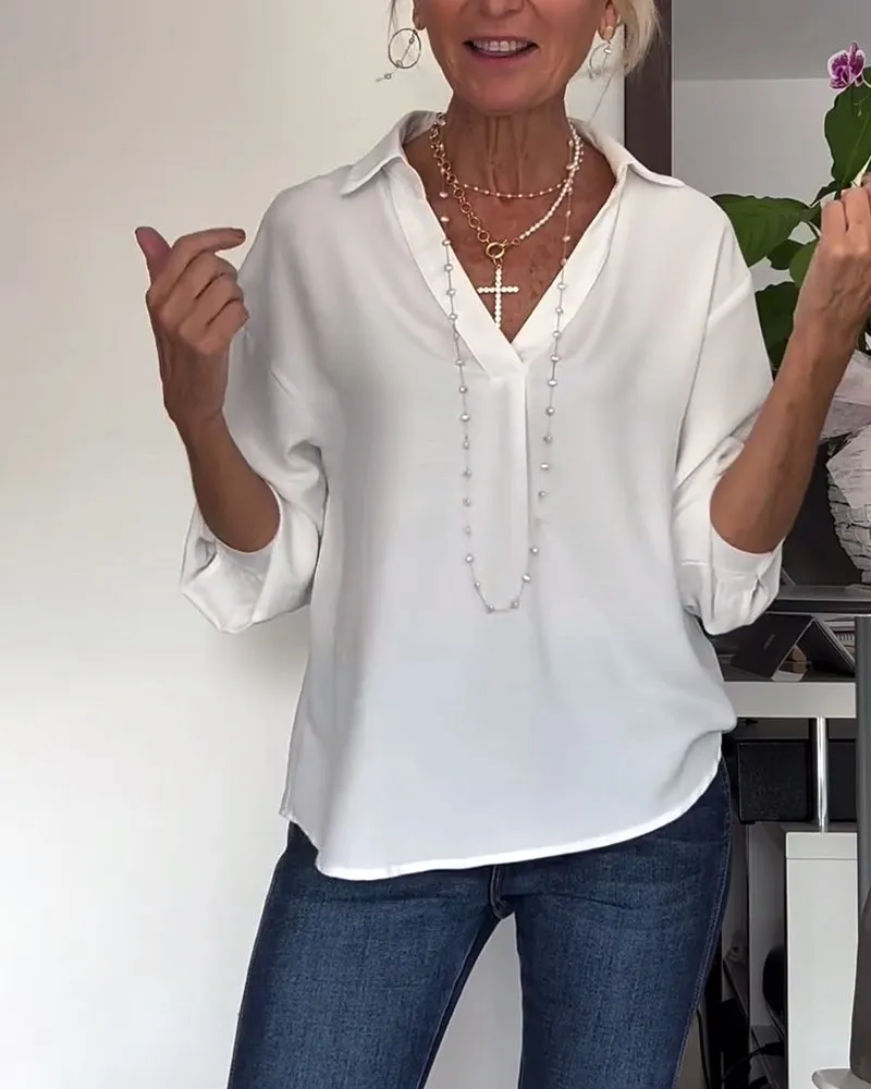 Simple solid color lapel long sleeve top