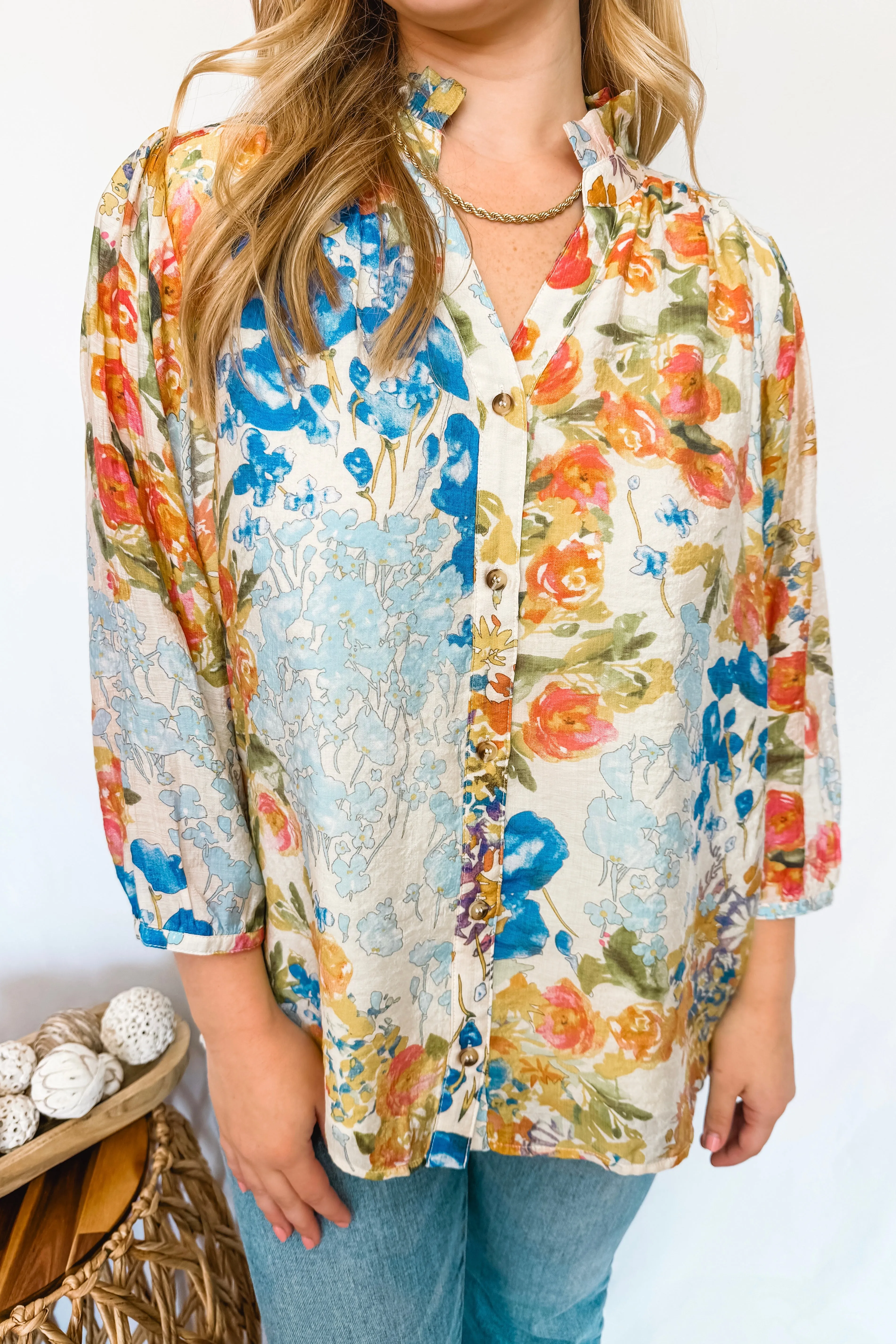 Soft Breezes Button Down Top - Blue Mix