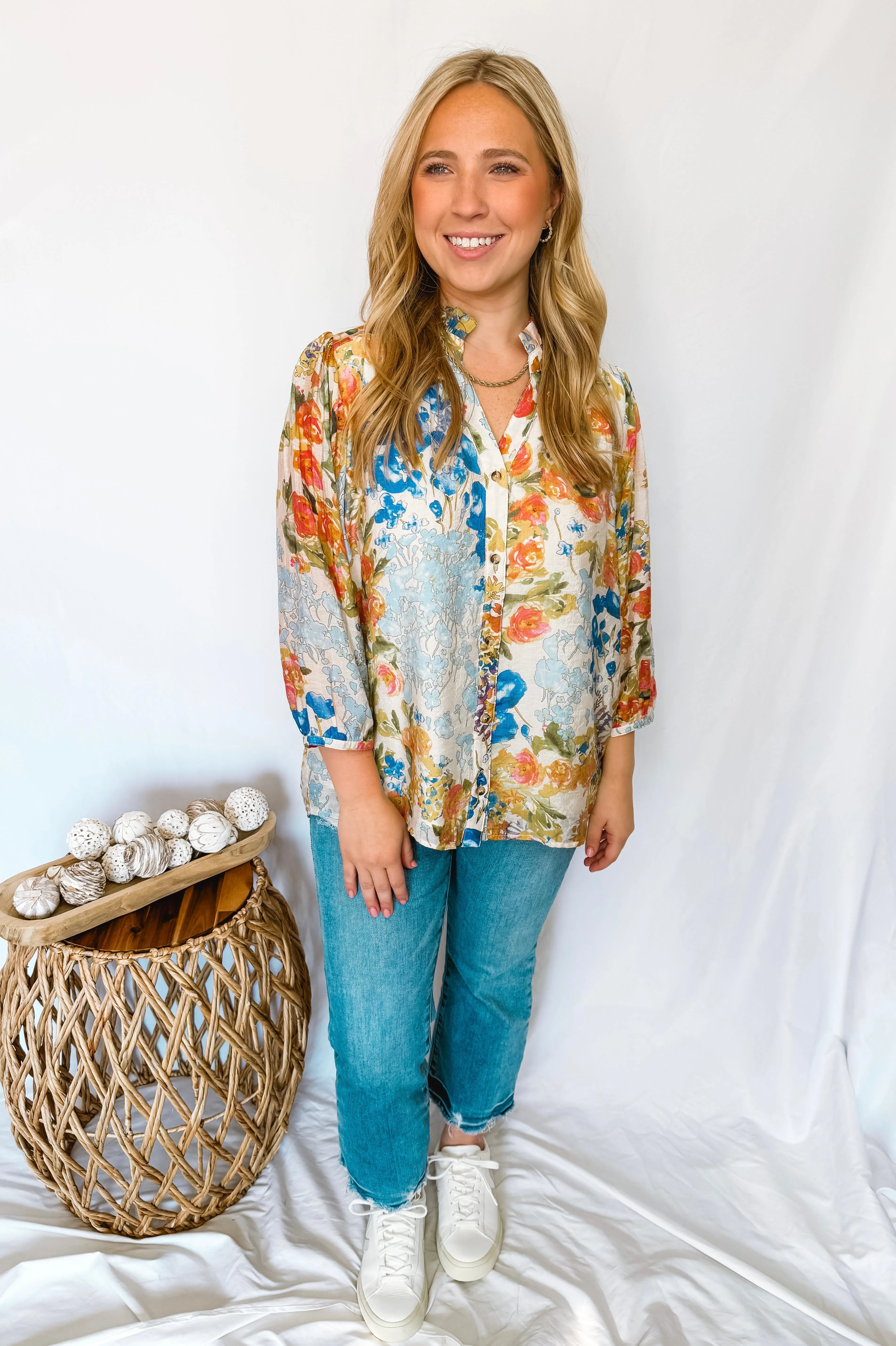 Soft Breezes Button Down Top - Blue Mix