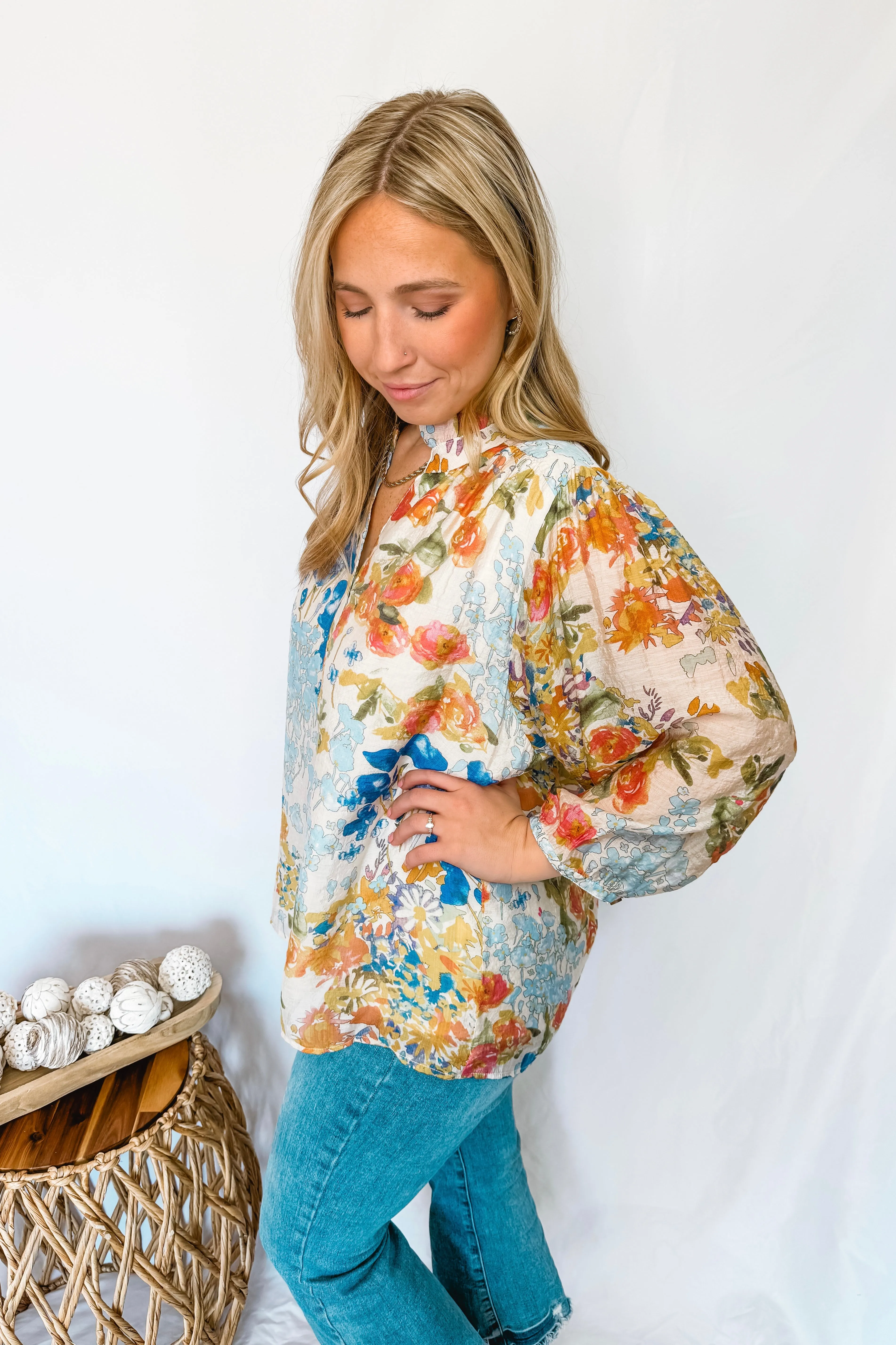 Soft Breezes Button Down Top - Blue Mix