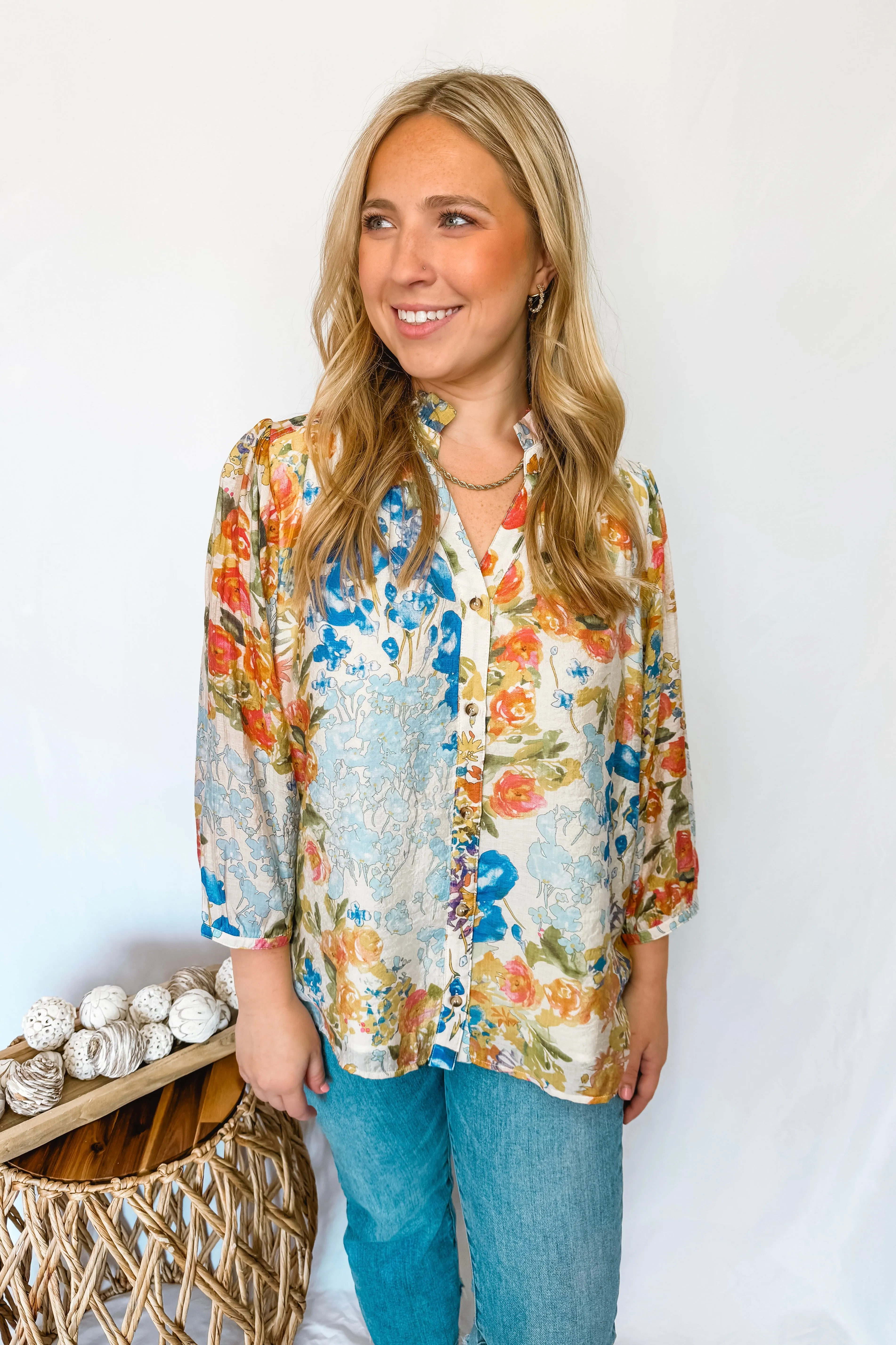 Soft Breezes Button Down Top - Blue Mix