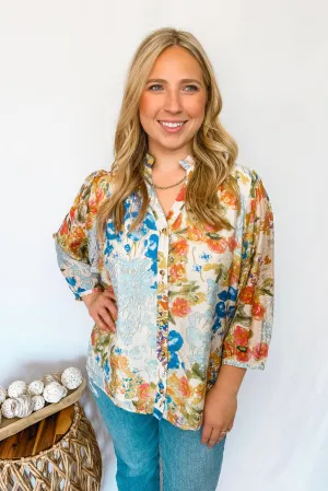 Soft Breezes Button Down Top - Blue Mix