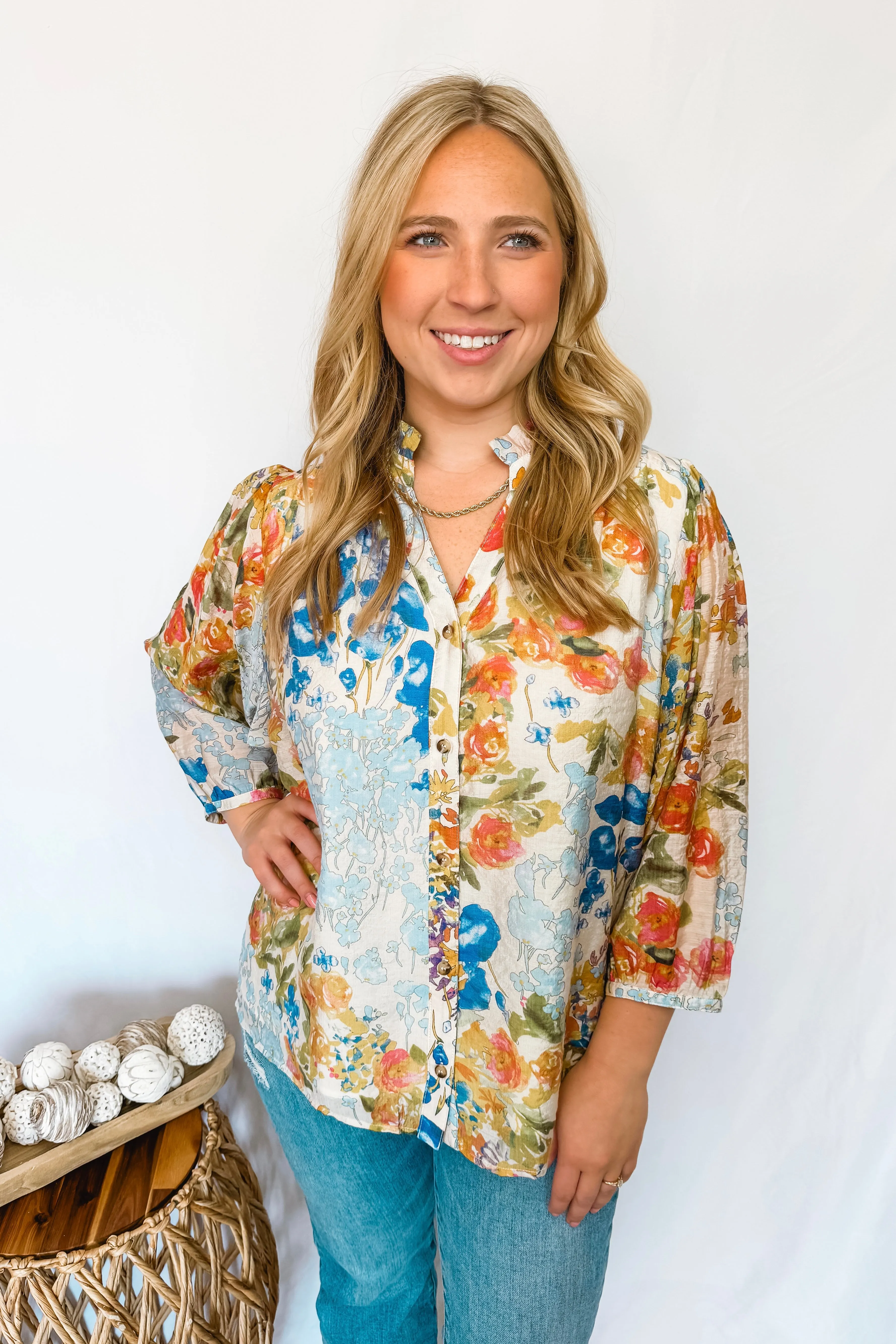 Soft Breezes Button Down Top - Blue Mix