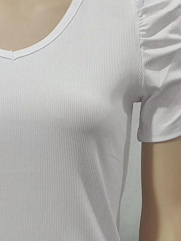Solid Color Puff Sleeves Short Sleeves V-Neck T-Shirts