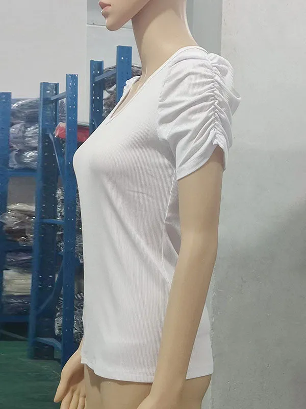 Solid Color Puff Sleeves Short Sleeves V-Neck T-Shirts