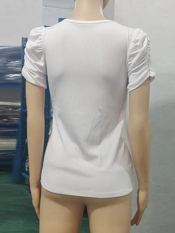 Solid Color Puff Sleeves Short Sleeves V-Neck T-Shirts