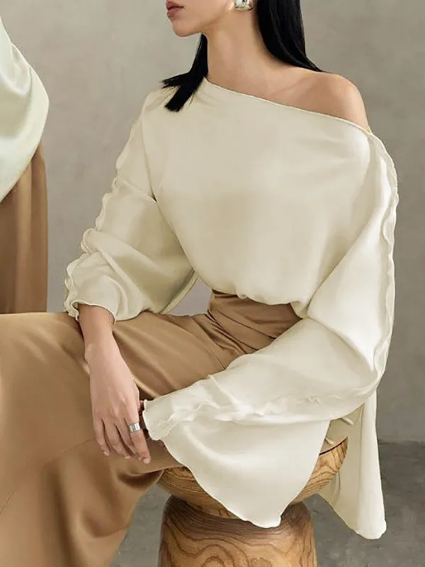 Solid Color Split-Joint Tied Flared Sleeves Long Sleeves Round-neck T-Shirts Tops
