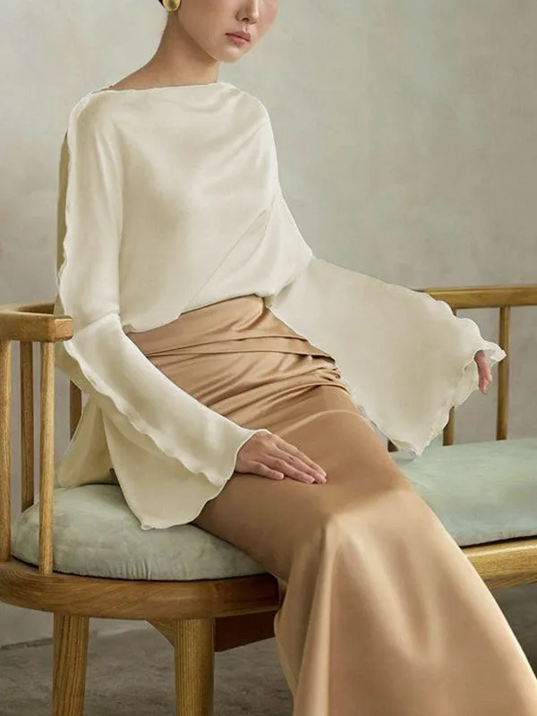 Solid Color Split-Joint Tied Flared Sleeves Long Sleeves Round-neck T-Shirts Tops