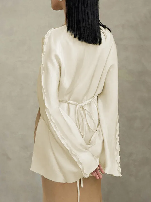 Solid Color Split-Joint Tied Flared Sleeves Long Sleeves Round-neck T-Shirts Tops