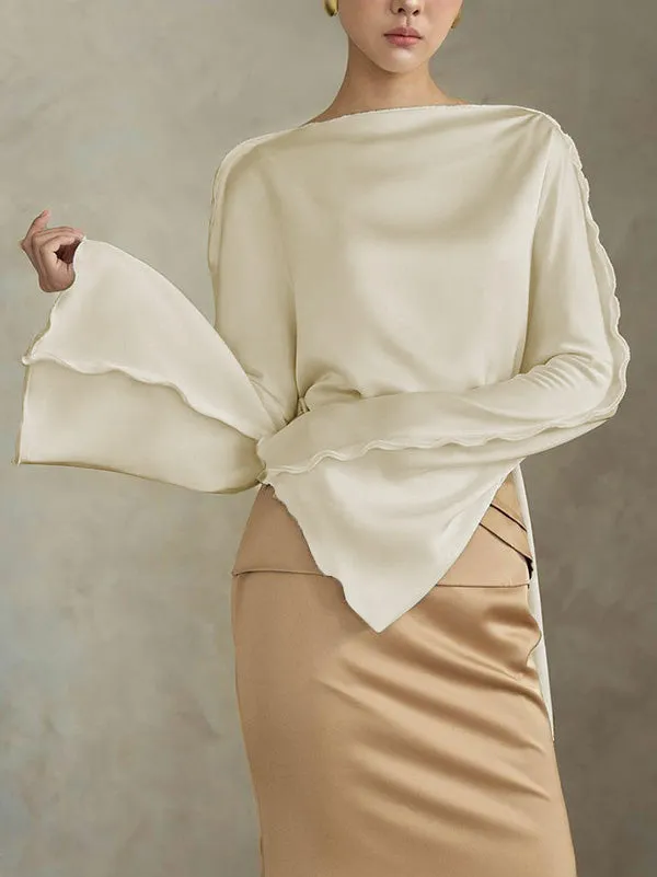 Solid Color Split-Joint Tied Flared Sleeves Long Sleeves Round-neck T-Shirts Tops