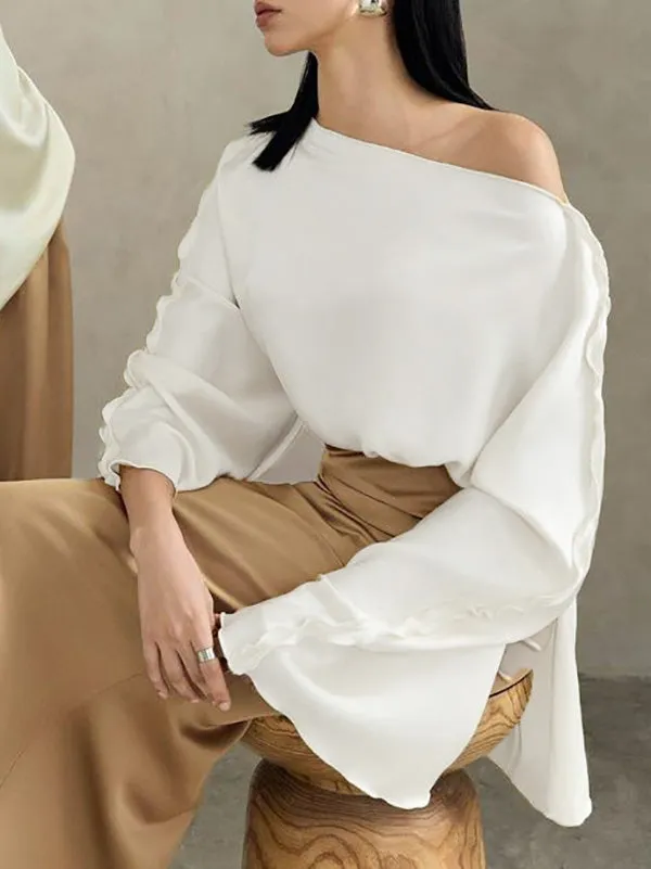 Solid Color Split-Joint Tied Flared Sleeves Long Sleeves Round-neck T-Shirts Tops