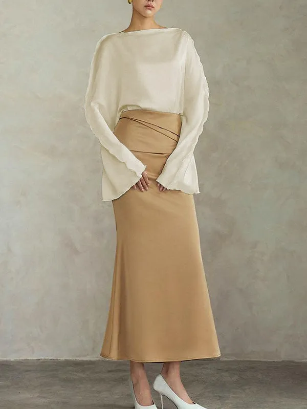 Solid Color Split-Joint Tied Flared Sleeves Long Sleeves Round-neck T-Shirts Tops