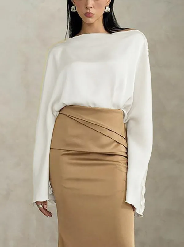 Solid Color Split-Joint Tied Flared Sleeves Long Sleeves Round-neck T-Shirts Tops