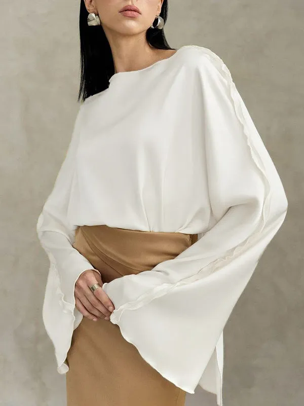 Solid Color Split-Joint Tied Flared Sleeves Long Sleeves Round-neck T-Shirts Tops