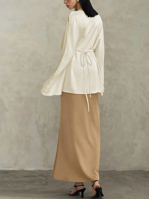 Solid Color Split-Joint Tied Flared Sleeves Long Sleeves Round-neck T-Shirts Tops