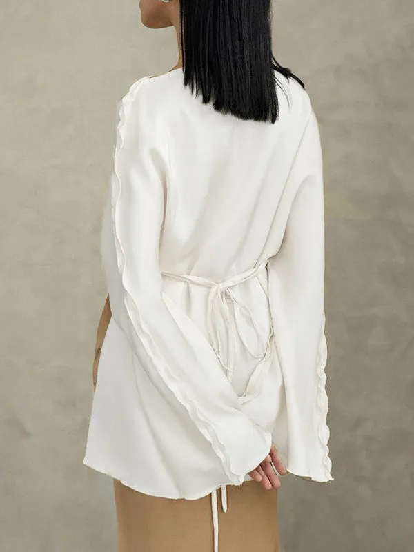 Solid Color Split-Joint Tied Flared Sleeves Long Sleeves Round-neck T-Shirts Tops