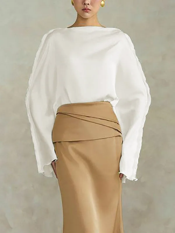 Solid Color Split-Joint Tied Flared Sleeves Long Sleeves Round-neck T-Shirts Tops