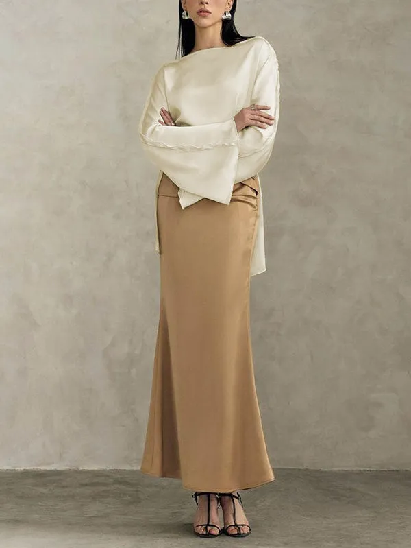 Solid Color Split-Joint Tied Flared Sleeves Long Sleeves Round-neck T-Shirts Tops