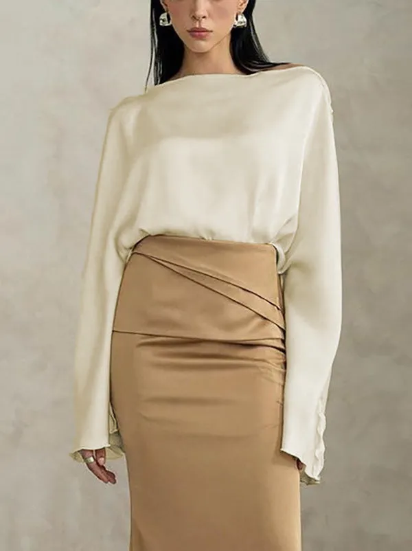 Solid Color Split-Joint Tied Flared Sleeves Long Sleeves Round-neck T-Shirts Tops