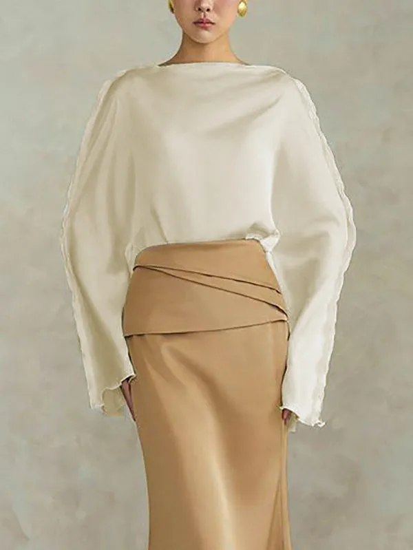 Solid Color Split-Joint Tied Flared Sleeves Long Sleeves Round-neck T-Shirts Tops