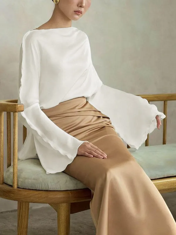 Solid Color Split-Joint Tied Flared Sleeves Long Sleeves Round-neck T-Shirts Tops