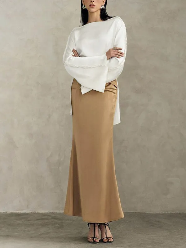 Solid Color Split-Joint Tied Flared Sleeves Long Sleeves Round-neck T-Shirts Tops