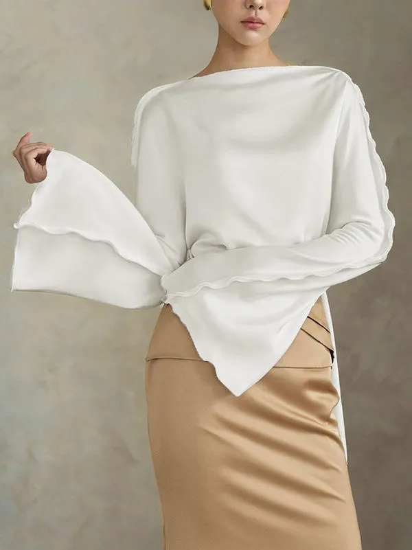 Solid Color Split-Joint Tied Flared Sleeves Long Sleeves Round-neck T-Shirts Tops