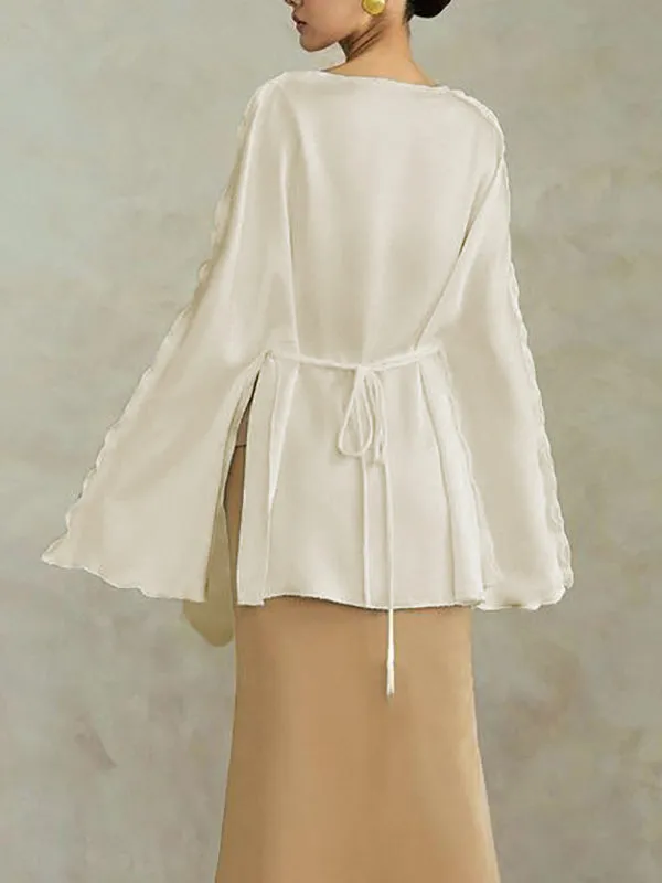 Solid Color Split-Joint Tied Flared Sleeves Long Sleeves Round-neck T-Shirts Tops
