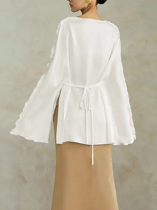 Solid Color Split-Joint Tied Flared Sleeves Long Sleeves Round-neck T-Shirts Tops