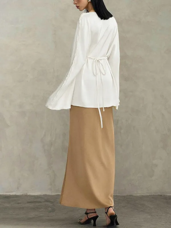 Solid Color Split-Joint Tied Flared Sleeves Long Sleeves Round-neck T-Shirts Tops