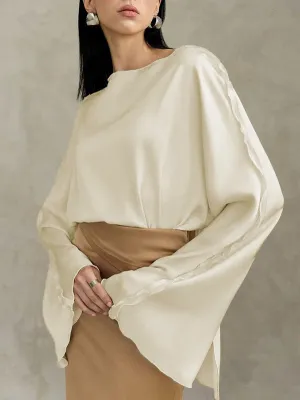 Solid Color Split-Joint Tied Flared Sleeves Long Sleeves Round-neck T-Shirts Tops