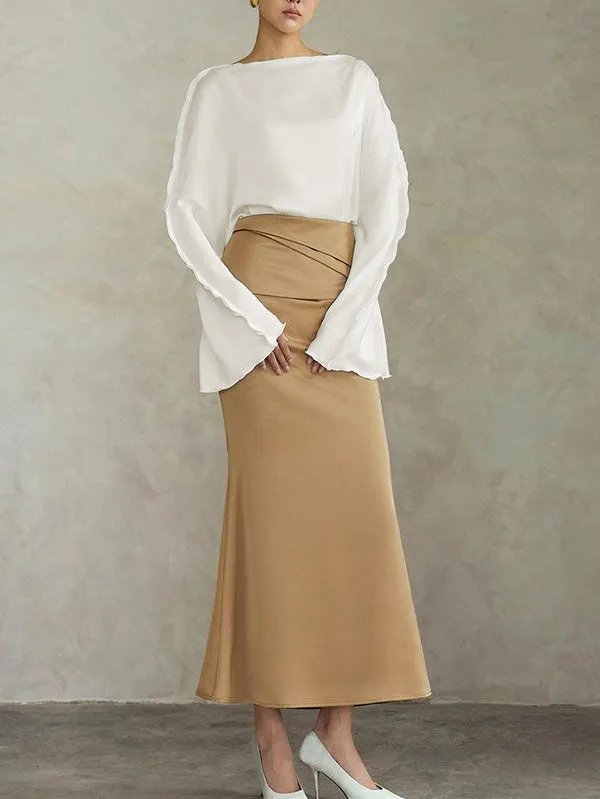 Solid Color Split-Joint Tied Flared Sleeves Long Sleeves Round-neck T-Shirts Tops