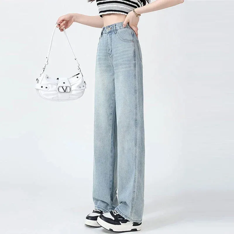 Standard Wide-Leg Jeans Women's New Summer and Autumn Short Tall Loose Drooping Straight Casual Mop Jeans