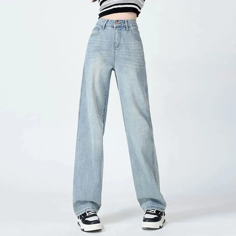 Standard Wide-Leg Jeans Women's New Summer and Autumn Short Tall Loose Drooping Straight Casual Mop Jeans
