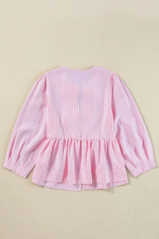 Stripe Bowknot Front Crew Neck Puff Sleeve Blouse