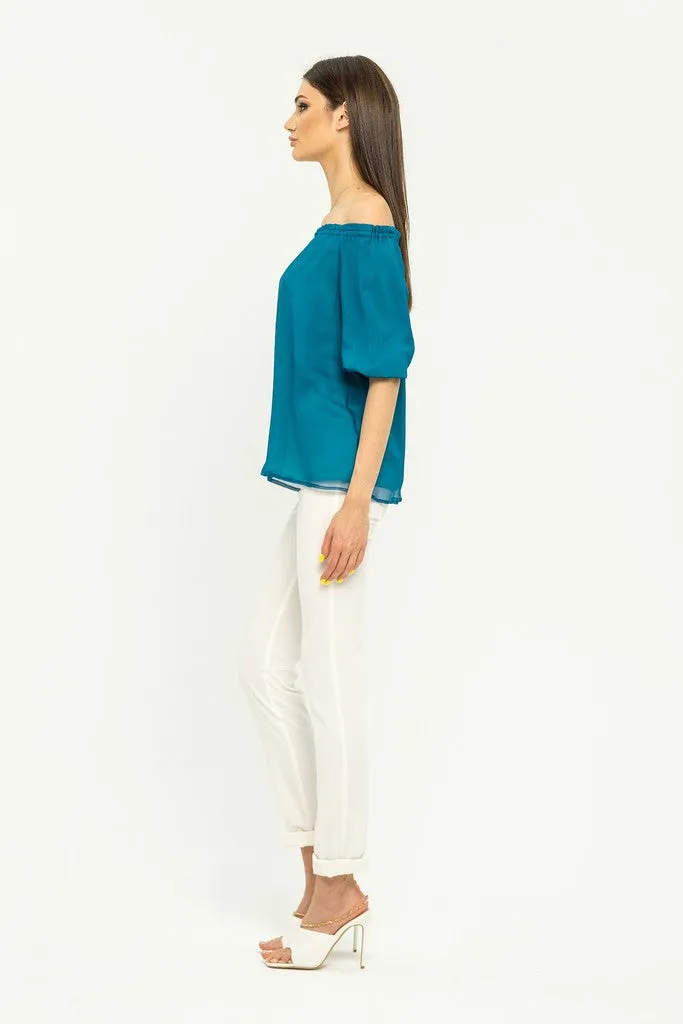 Summer Turquoise Day Off The Shoulder Elbow Sleeve Solid Color Silk Blouse