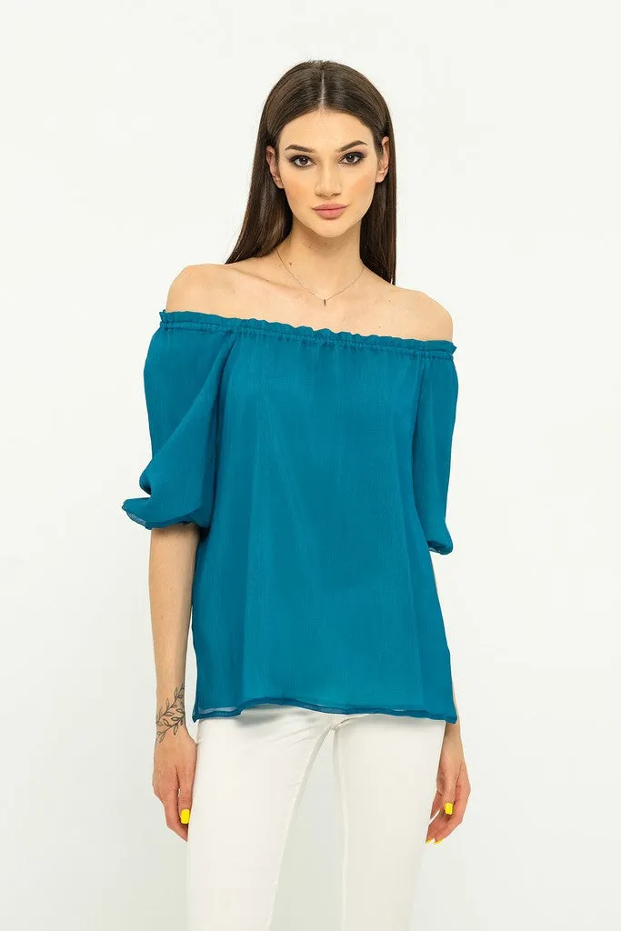 Summer Turquoise Day Off The Shoulder Elbow Sleeve Solid Color Silk Blouse