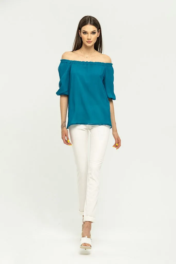 Summer Turquoise Day Off The Shoulder Elbow Sleeve Solid Color Silk Blouse