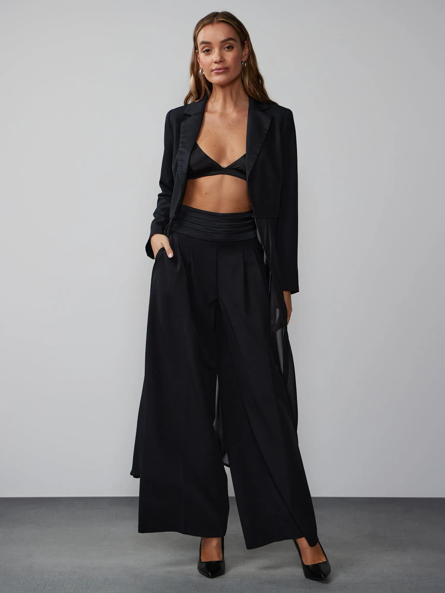 Twill Satin Waistband Wide Leg Pant