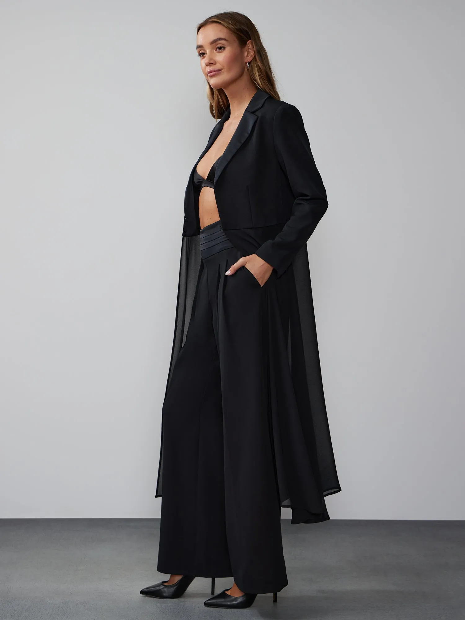 Twill Satin Waistband Wide Leg Pant