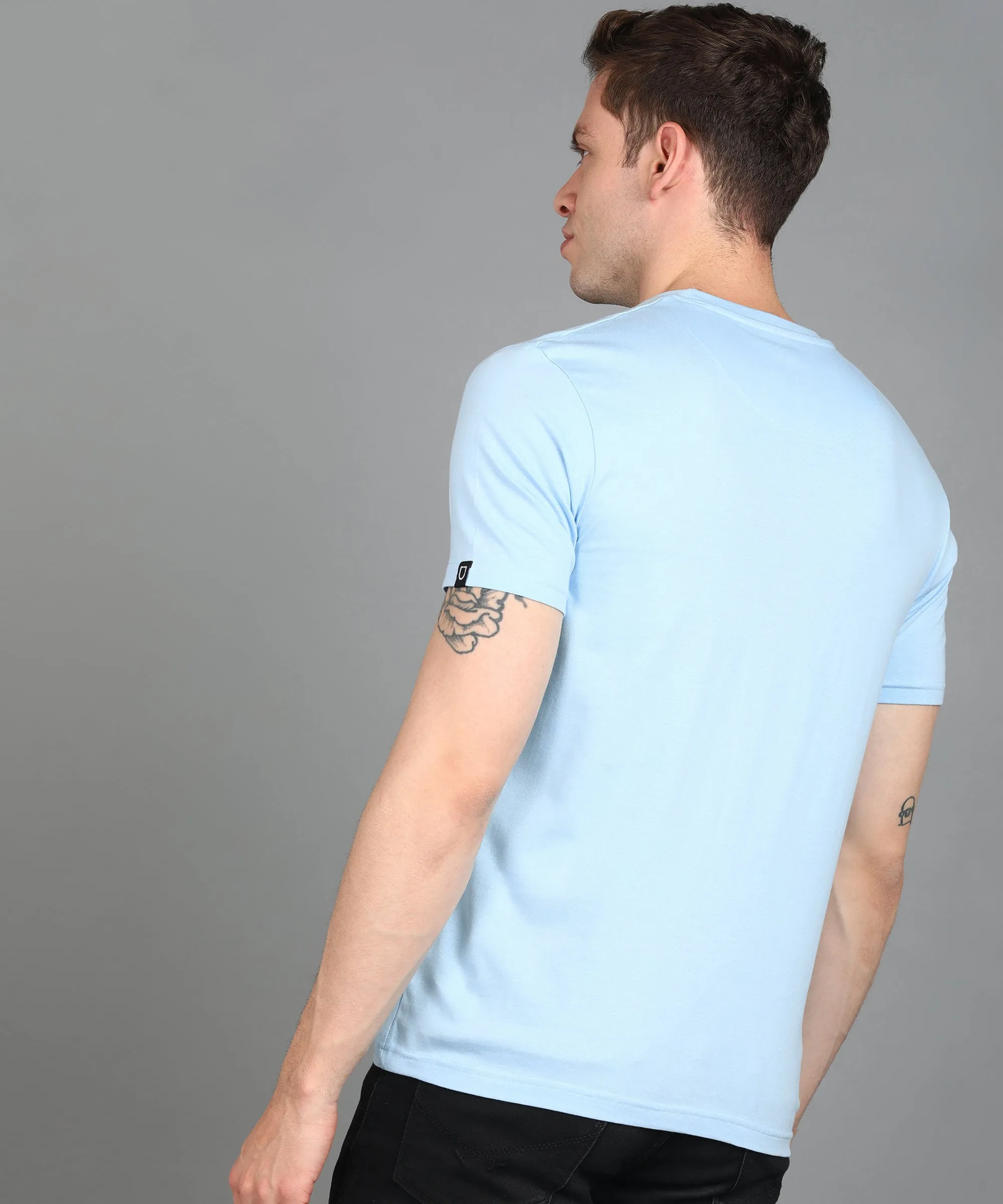Urbano Fashion Men's Sky Blue Graphic Printed Round Neck Half Sleeve Slim Fit Cotton T-Shirt