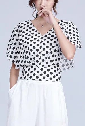 V-neck Polka Dot Short-Sleeved Loose Blouse