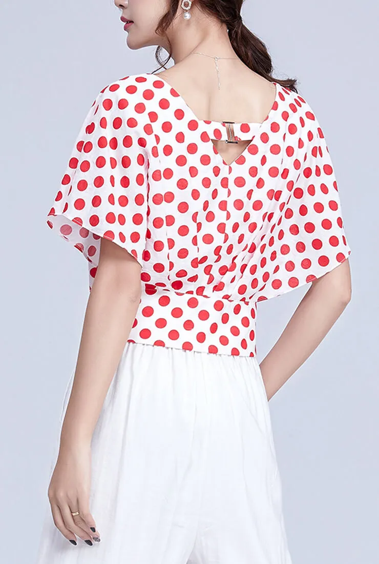 V-neck Polka Dot Short-Sleeved Loose Blouse