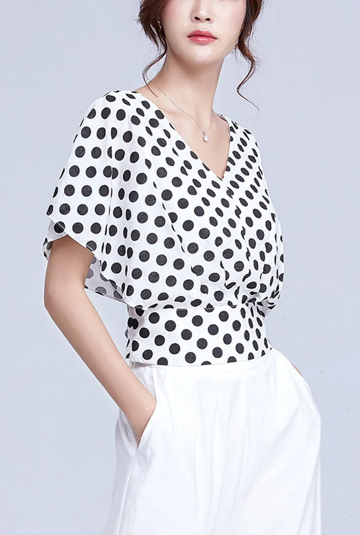 V-neck Polka Dot Short-Sleeved Loose Blouse
