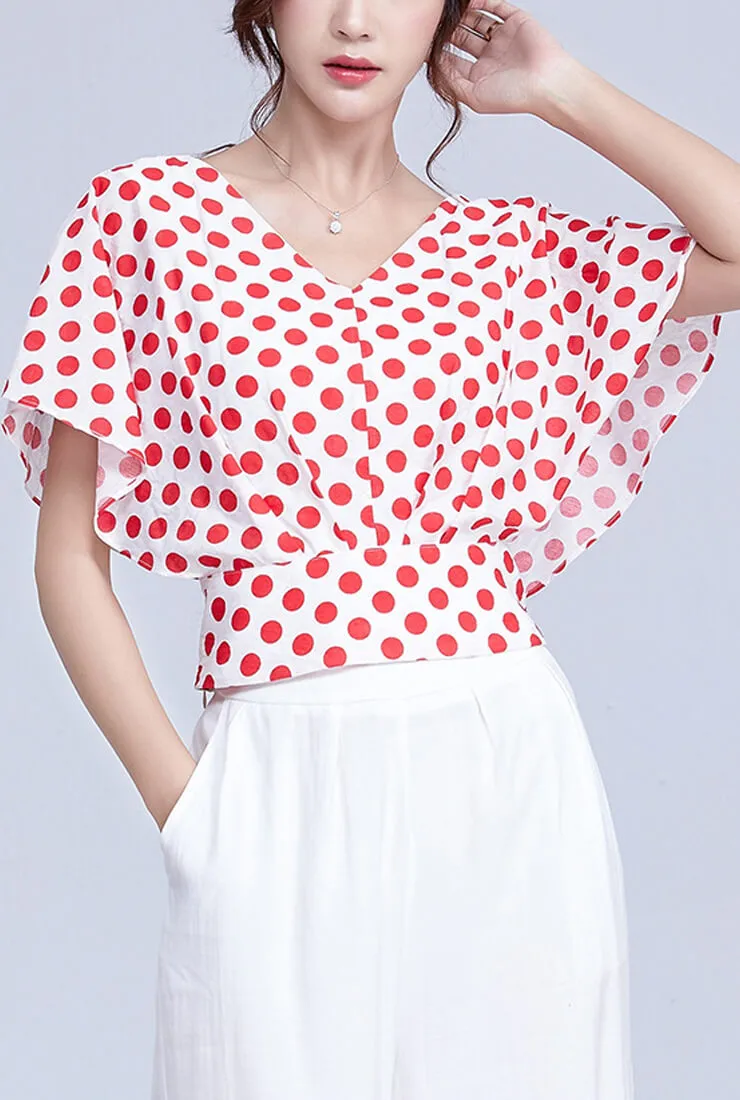 V-neck Polka Dot Short-Sleeved Loose Blouse