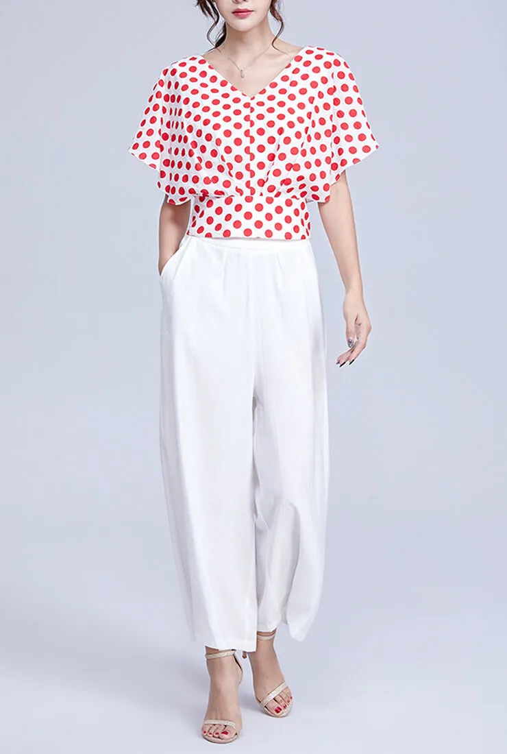 V-neck Polka Dot Short-Sleeved Loose Blouse