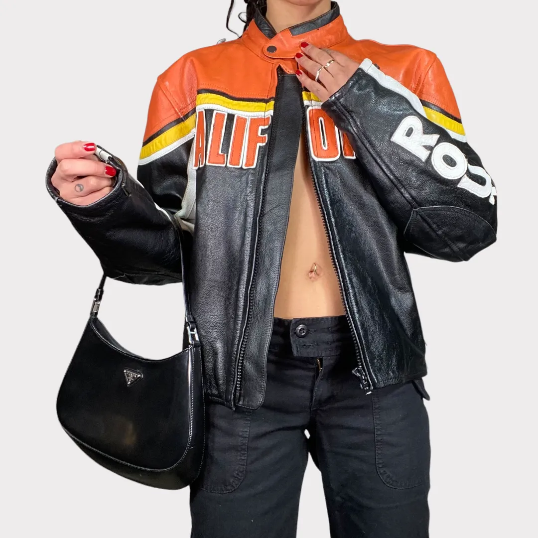 Vintage 90's Bella Hadid Black and Orange 'California' Leather Racer Jacket (M)